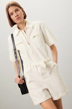A.P.C. White Cotton Denim Collared Gold Zipper Front Tie Waist Romper Size 38